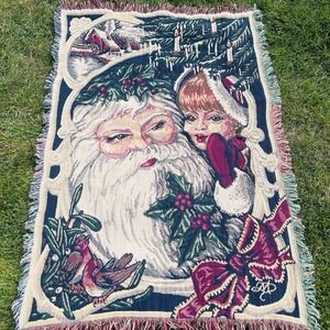 Vintage Santa Claus Christmas Victorian Girl Whispering Tapestry Blanket Throw